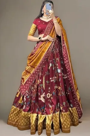DWTSL - Women's Trending Designeer Tussar Silk Lehenga Choli Print with Foil Work With Unstitched Blouse Patola Print Adorned with Foil Work For Navrati || Wedding