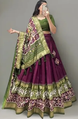 DWTSL - Women's Trending Designeer Tussar Silk Lehenga Choli Print with Foil Work With Unstitched Blouse Patola Print Adorned with Foil Work For Navrati || Wedding