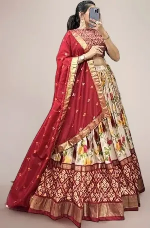 DWTSL - Women's Trending Designeer Tussar Silk Lehenga Choli Print with Foil Work With Unstitched Blouse Patola Print Adorned with Foil Work For Navrati || Wedding