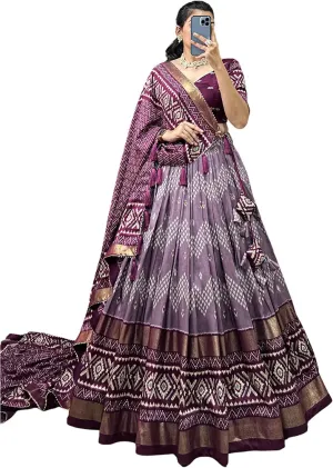 DWTSL - Women's Trending Designeer Tussar Silk Lehenga Choli Print with Foil Work With Unstitched Blouse Patola Print Adorned with Foil Work For Navrati || Wedding