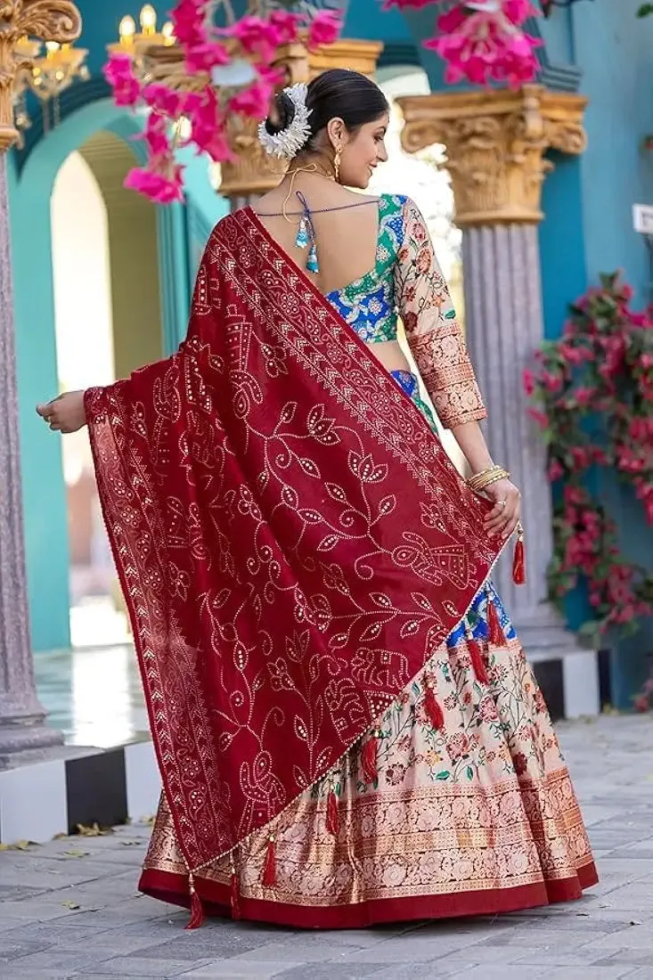 DWTSL - Women's Trending Designeer Tussar Silk Lehenga Choli Print with Foil Work With Unstitched Blouse Patola Print Adorned with Foil Work For Navrati || Wedding