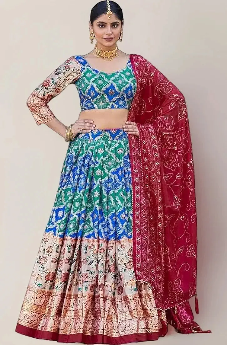 DWTSL - Women's Trending Designeer Tussar Silk Lehenga Choli Print with Foil Work With Unstitched Blouse Patola Print Adorned with Foil Work For Navrati || Wedding