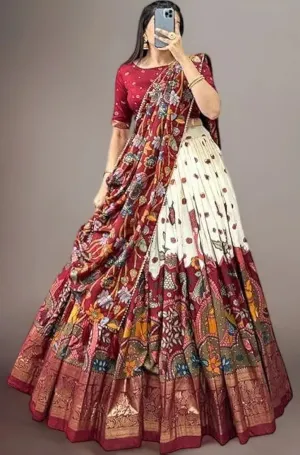 DWTSL - Women's Trending Designeer Tussar Silk Lehenga Choli Print with Foil Work With Unstitched Blouse Patola Print Adorned with Foil Work For Navrati || Wedding