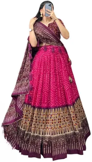 DWTSL - Women's Trending Designeer Tussar Silk Lehenga Choli Print with Foil Work With Unstitched Blouse Patola Print Adorned with Foil Work For Navrati || Wedding