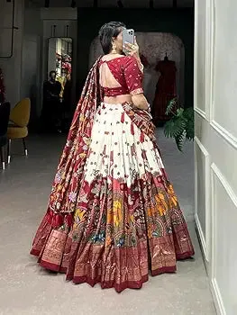 DWTSL - Women's Trending Designeer Tussar Silk Lehenga Choli Print with Foil Work With Unstitched Blouse Patola Print Adorned with Foil Work For Navrati || Wedding