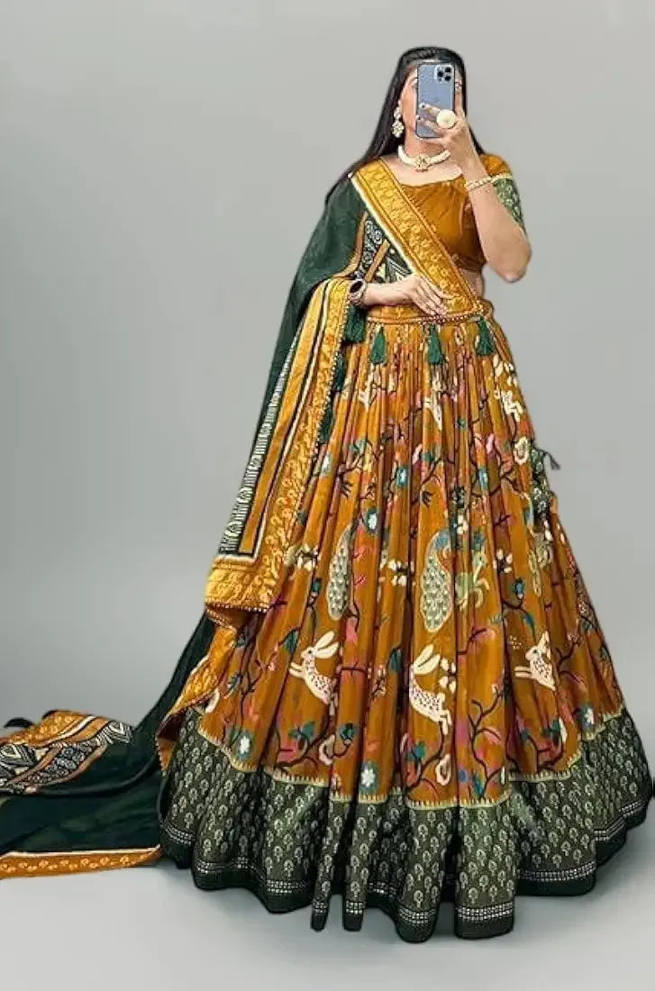 DWTSL - Women's Trending Designeer Tussar Silk Lehenga Choli Print with Foil Work With Unstitched Blouse Patola Print Adorned with Foil Work For Navrati || Wedding