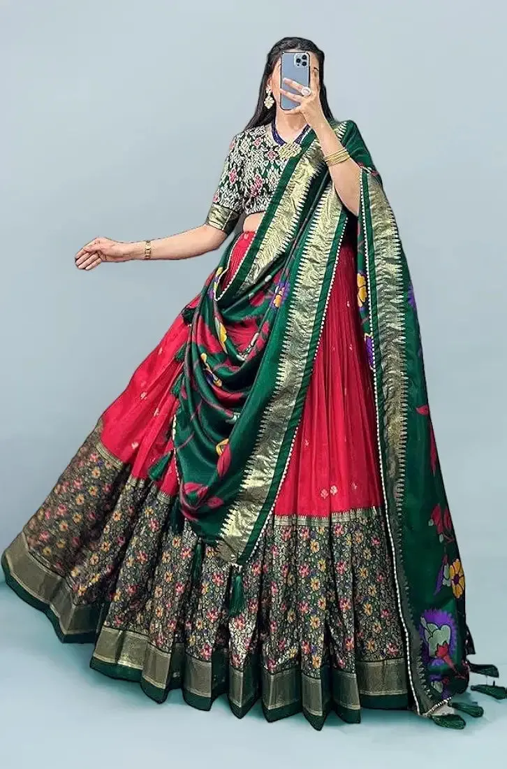 DWTSL - Women's Trending Designeer Tussar Silk Lehenga Choli Print with Foil Work With Unstitched Blouse Patola Print Adorned with Foil Work For Navrati || Wedding