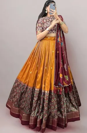 DWTSL - Women's Trending Designeer Tussar Silk Lehenga Choli Print with Foil Work With Unstitched Blouse Patola Print Adorned with Foil Work For Navrati || Wedding