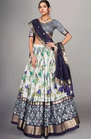 DWTSL - Women's Trending Designeer Tussar Silk Lehenga Choli Print with Foil Work With Unstitched Blouse Patola Print Adorned with Foil Work For Navrati || Wedding