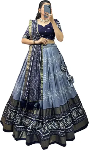 DWTSL - Women's Trending Designeer Tussar Silk Lehenga Choli Print with Foil Work With Unstitched Blouse Patola Print Adorned with Foil Work For Navrati || Wedding