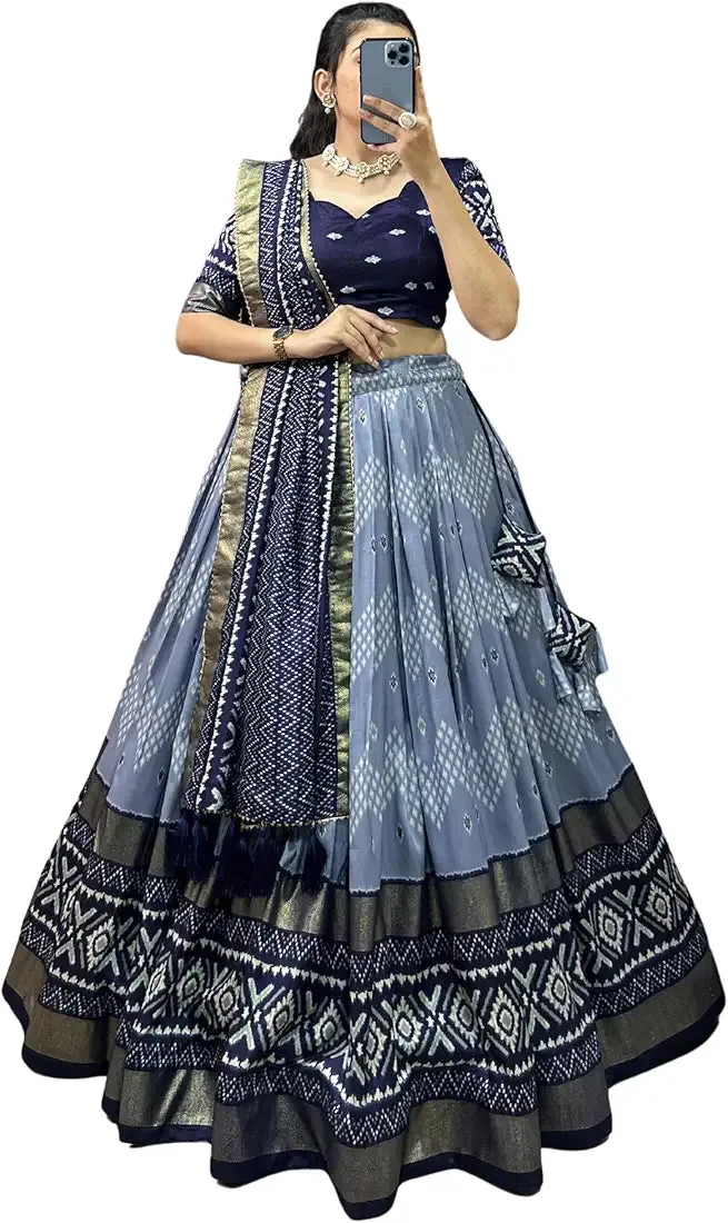 DWTSL - Women's Trending Designeer Tussar Silk Lehenga Choli Print with Foil Work With Unstitched Blouse Patola Print Adorned with Foil Work For Navrati || Wedding
