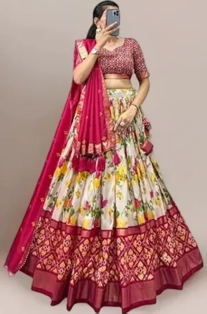 DWTSL - Women's Trending Designeer Tussar Silk Lehenga Choli Print with Foil Work With Unstitched Blouse Patola Print Adorned with Foil Work For Navrati || Wedding