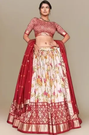 DWTSL - Women's Trending Designeer Tussar Silk Lehenga Choli Print with Foil Work With Unstitched Blouse Patola Print Adorned with Foil Work For Navrati || Wedding
