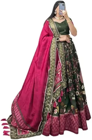 DWTSL - Women's Trending Designeer Tussar Silk Lehenga Choli Print with Foil Work With Unstitched Blouse Patola Print Adorned with Foil Work For Navrati || Wedding