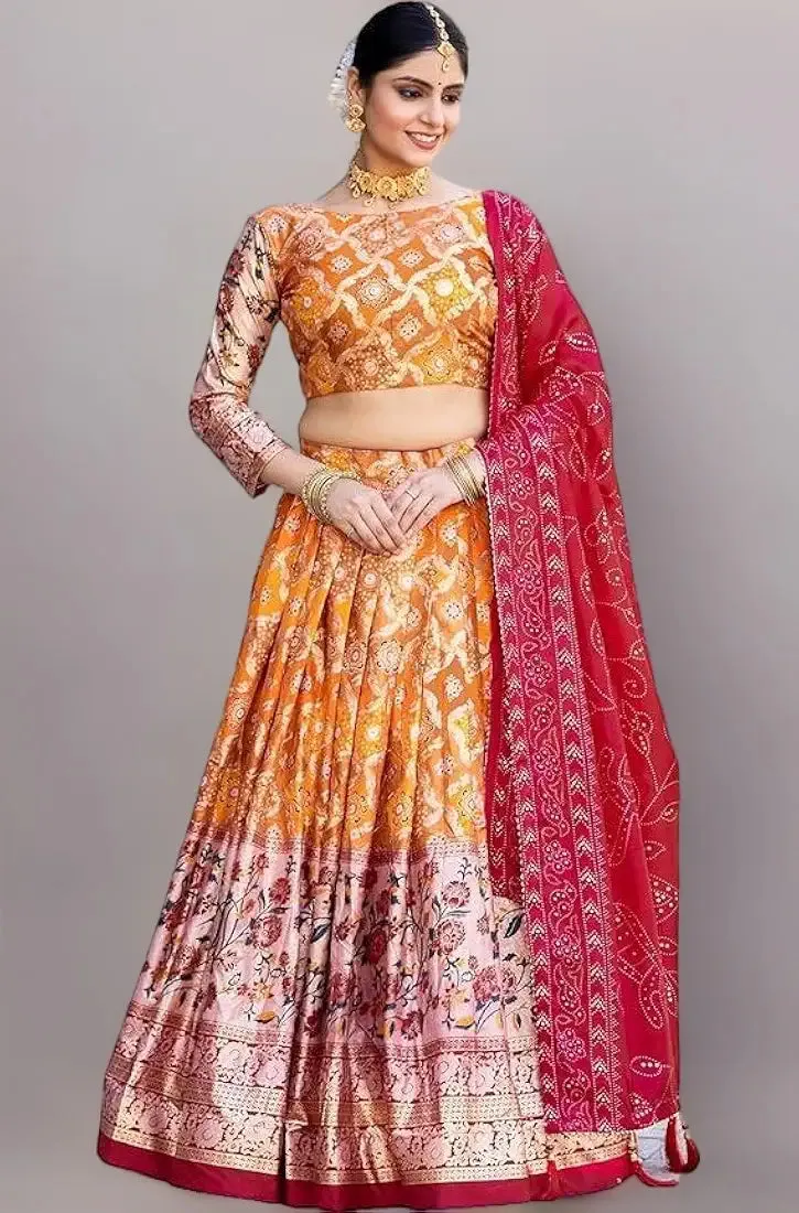 DWTSL - Women's Trending Designeer Tussar Silk Lehenga Choli Print with Foil Work With Unstitched Blouse Patola Print Adorned with Foil Work For Navrati || Wedding