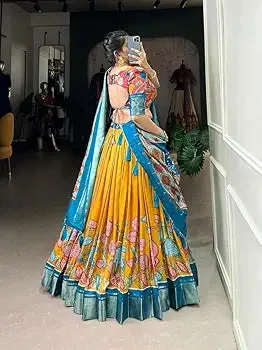 DWTSL - Women's Trending Designeer Tussar Silk Lehenga Choli Print with Foil Work With Unstitched Blouse Patola Print Adorned with Foil Work For Navrati || Wedding