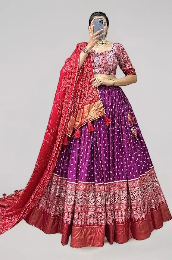 DWTSL - Women's Trending Designeer Tussar Silk Lehenga Choli Print with Foil Work With Unstitched Blouse Patola Print Adorned with Foil Work For Navrati || Wedding
