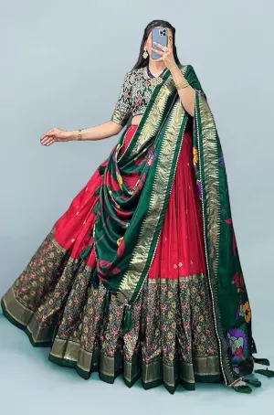 DWTSL - Women's Trending Designeer Tussar Silk Lehenga Choli Print with Foil Work With Unstitched Blouse Patola Print Adorned with Foil Work For Navrati || Wedding