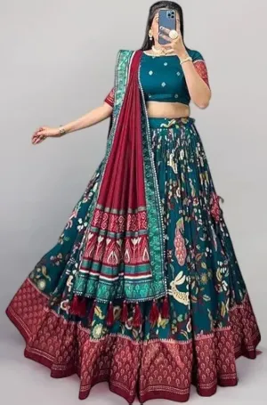 DWTSL - Women's Trending Designeer Tussar Silk Lehenga Choli Print with Foil Work With Unstitched Blouse Patola Print Adorned with Foil Work For Navrati || Wedding