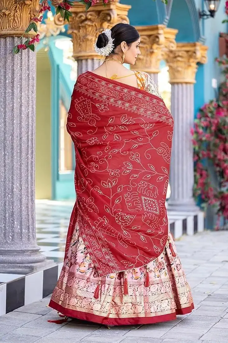 DWTSL - Women's Trending Designeer Tussar Silk Lehenga Choli Print with Foil Work With Unstitched Blouse Patola Print Adorned with Foil Work For Navrati || Wedding
