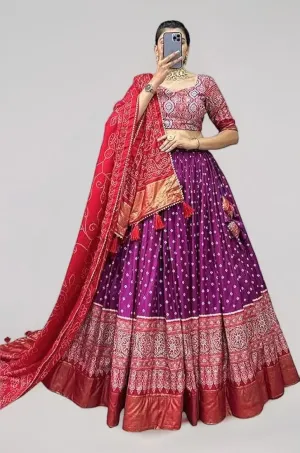 DWTSL - Women's Trending Designeer Tussar Silk Lehenga Choli Print with Foil Work With Unstitched Blouse Patola Print Adorned with Foil Work For Navrati || Wedding