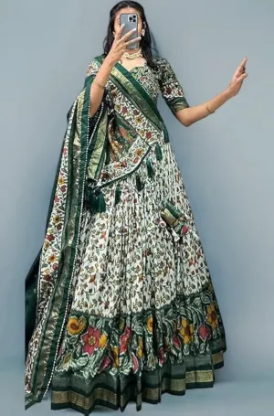 DWTSL - Women's Trending Designeer Tussar Silk Lehenga Choli Print with Foil Work With Unstitched Blouse Patola Print Adorned with Foil Work For Navrati || Wedding