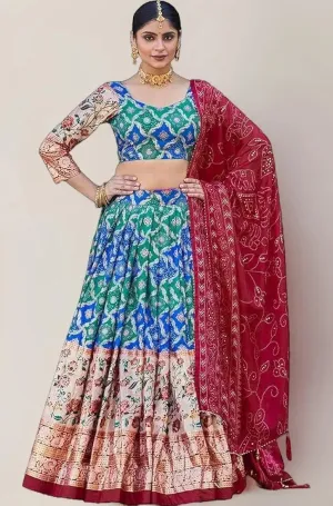 DWTSL - Women's Trending Designeer Tussar Silk Lehenga Choli Print with Foil Work With Unstitched Blouse Patola Print Adorned with Foil Work For Navrati || Wedding
