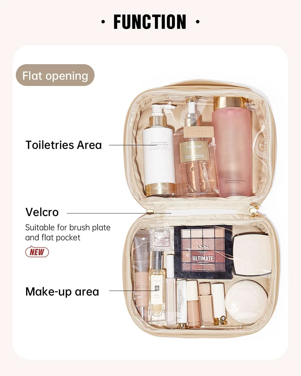 EACHY Travel Makeup Bag,Large Capacity Cosmetic Bags for Women,Waterproof Portable Pouch Open Flat Toiletry Bag Make up Organizer with Divider and Handle