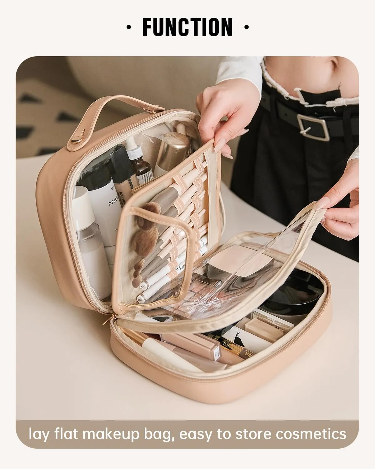 EACHY Travel Makeup Bag,Large Capacity Cosmetic Bags for Women,Waterproof Portable Pouch Open Flat Toiletry Bag Make up Organizer with Divider and Handle