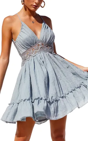 ECOWISH Summer Dresses for Women 2025 V-Neck Spaghetti Strap Bowknot Backless Sleeveless Lace Mini Swing Skater Dress