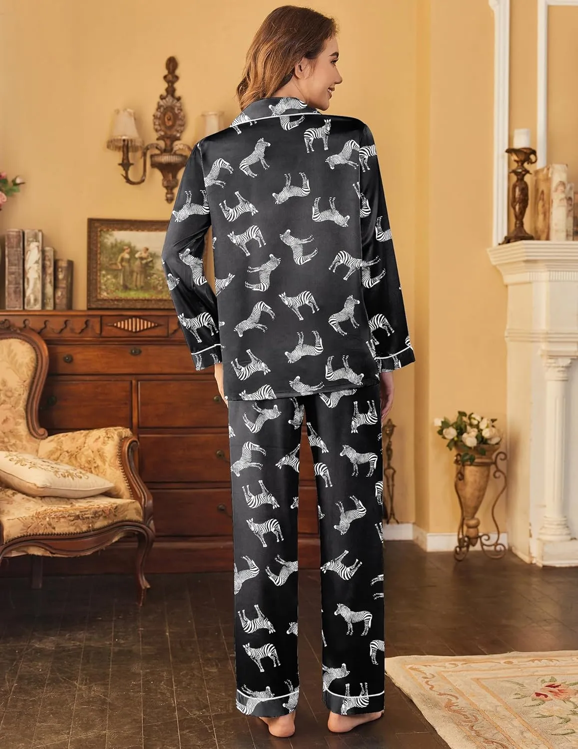 Ekouaer Womens Satin Pajama Set Classic Pattern Silky Pj Sets Button Down Sleepwear Loungewear