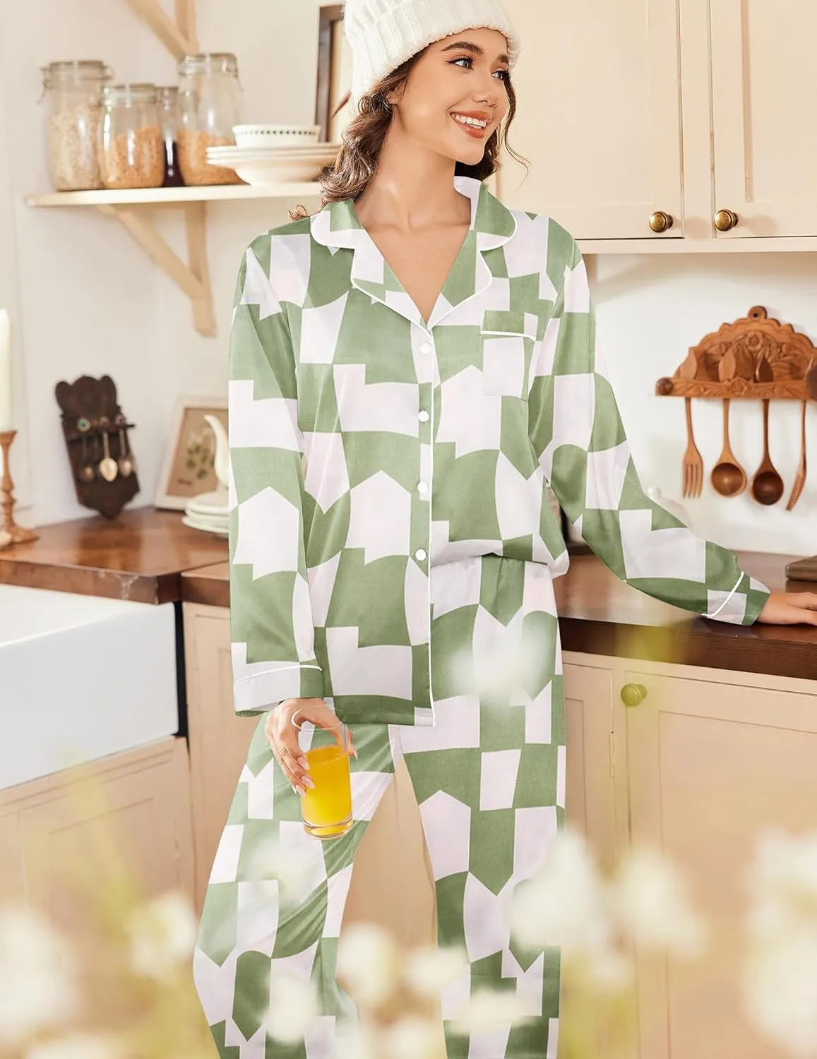 Ekouaer Womens Satin Pajama Set Classic Pattern Silky Pj Sets Button Down Sleepwear Loungewear