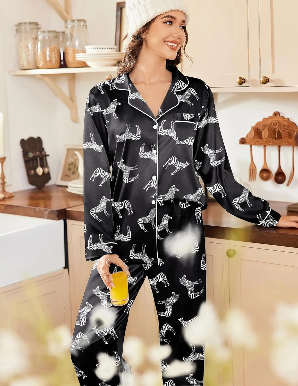 Ekouaer Womens Satin Pajama Set Classic Pattern Silky Pj Sets Button Down Sleepwear Loungewear
