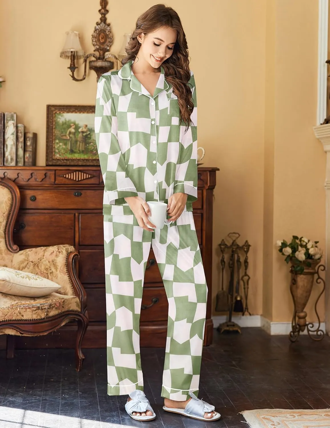 Ekouaer Womens Satin Pajama Set Classic Pattern Silky Pj Sets Button Down Sleepwear Loungewear