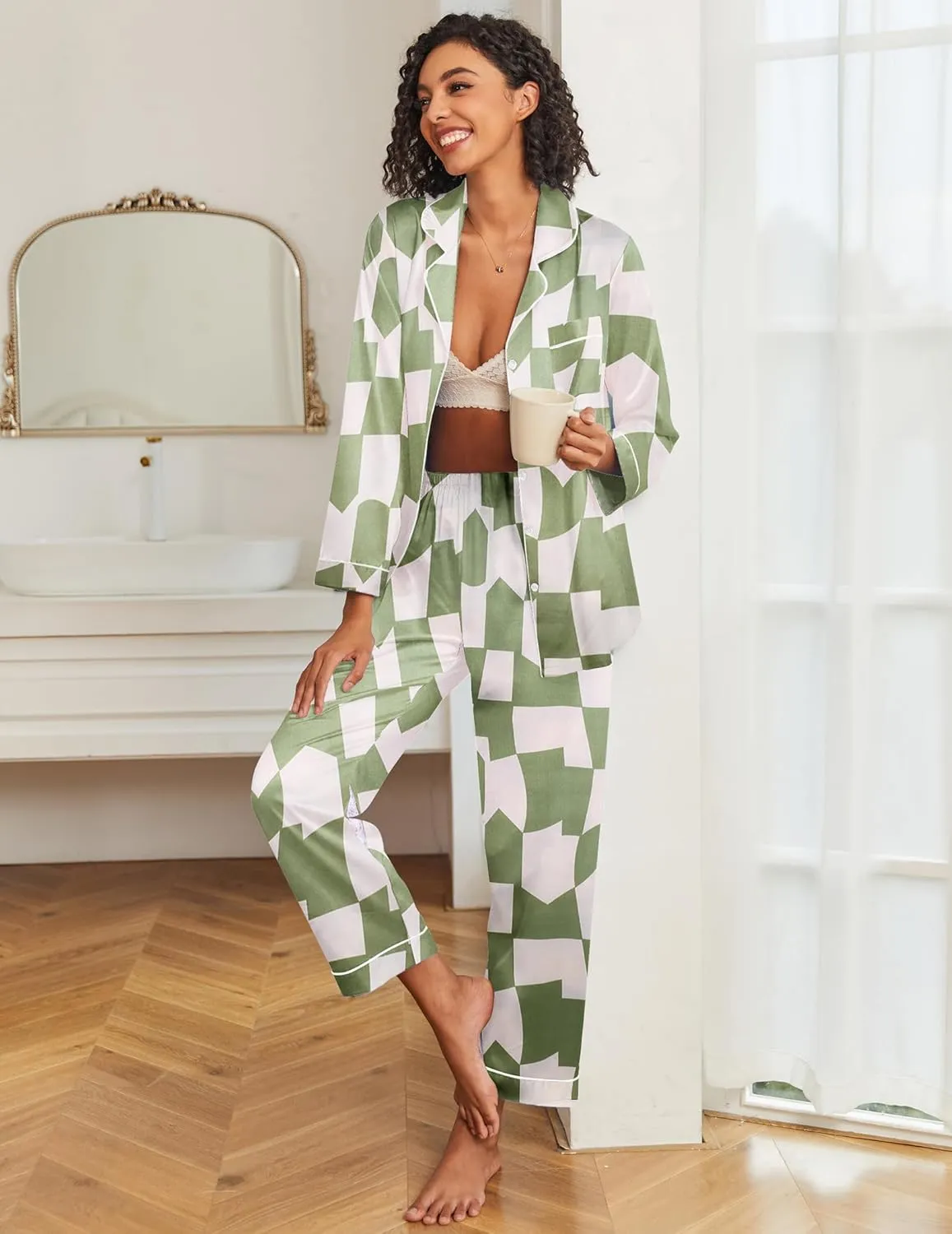 Ekouaer Womens Satin Pajama Set Classic Pattern Silky Pj Sets Button Down Sleepwear Loungewear