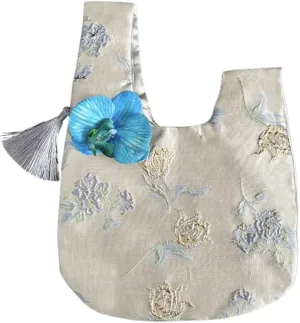 Elegant Chinese Silk Brocade Wrist Bag for Women, Orchid Tassel Handbag, Vintage Jacquard Floral Purse, Oriental Style Clutch