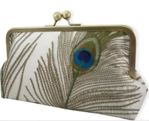 Elegant Peacock Feather Clutch Purse, Silk with Antique Gold Clasp