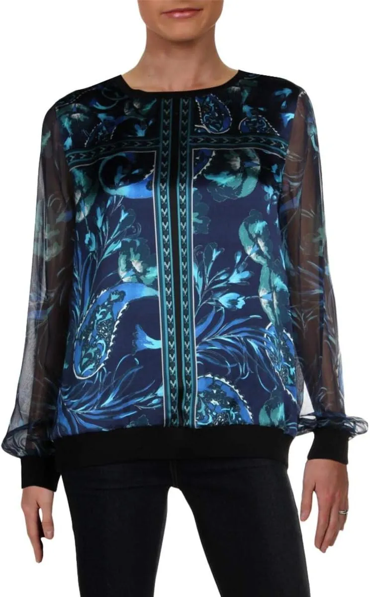 Elie Tahari Womens Mara Sheer Sleeve Pullover Blouse, Blue, Small