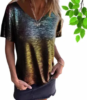 Emboadlie Gold Foil Short-Sleeved T-Shirt, Women's Round Neck Short-Sleeved Summer T-Shirt, Gold Foil Shortsleeved