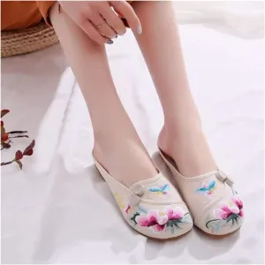 Embroidered Flower Women's Shoes, Backless Mules, Comfortable Flats Round, Loafers Chinese Style Canvas Slippers Cute Sandals Chinese Floral Embroidery Slippers (Color : White, Size : EUR 40)