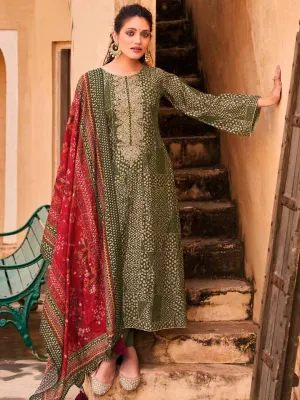 Embroidered Mahendi Green Viscose Unstitched Women Suit Dress Materials