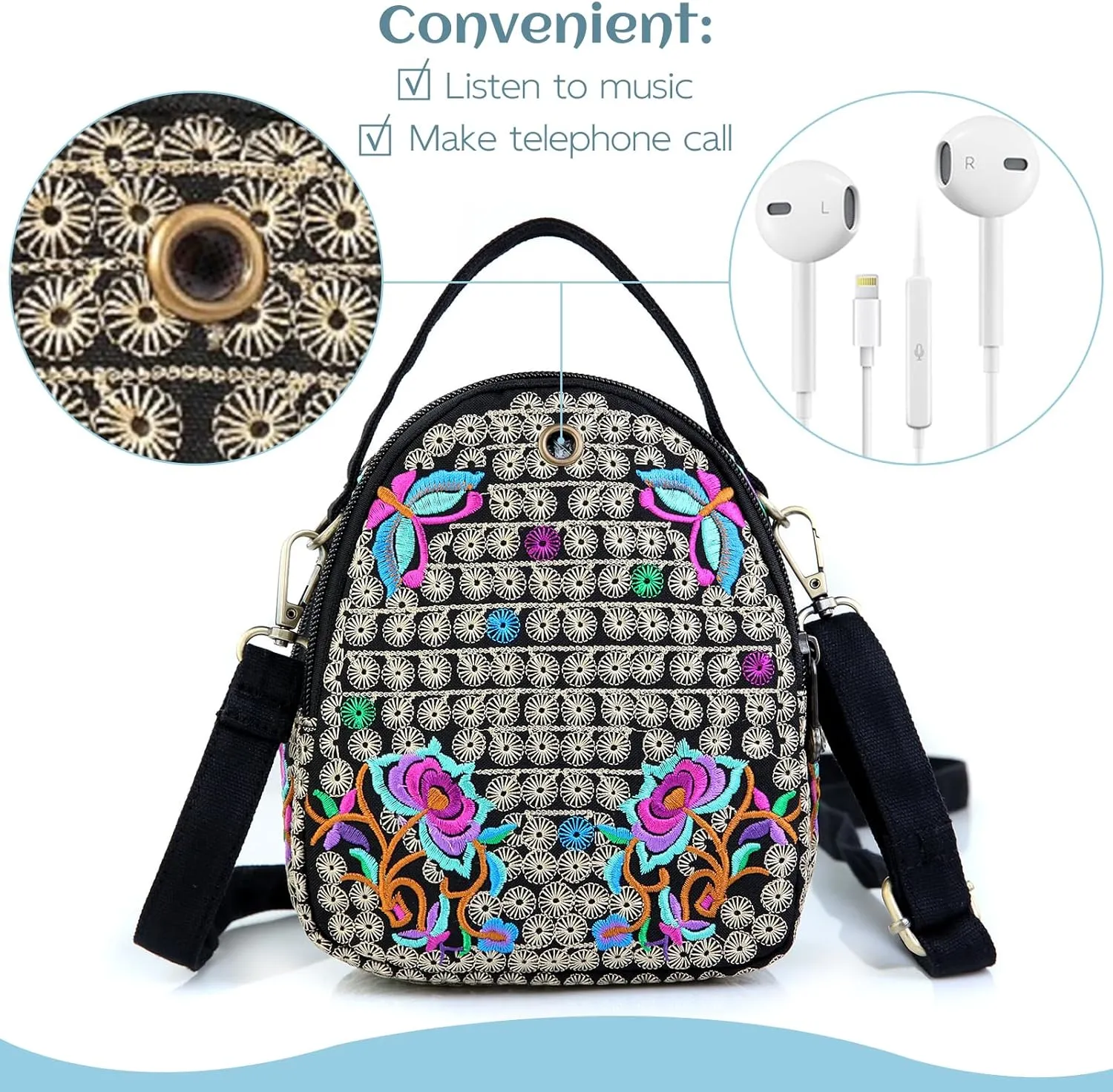 Embroidery Canvas Shoulder Bag Women Vintage Boho Mini Crossbody Bag Handbag Cell Phone Pouch