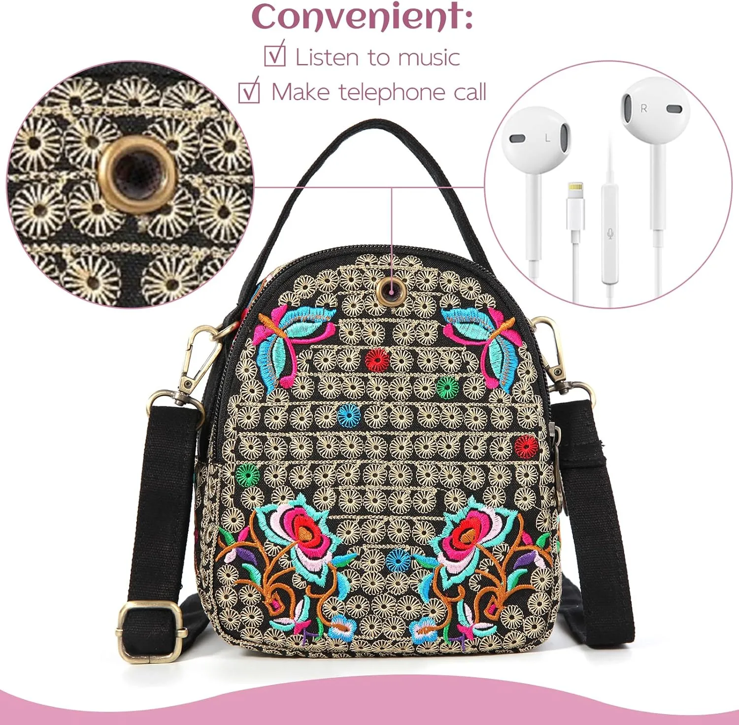 Embroidery Canvas Shoulder Bag Women Vintage Boho Mini Crossbody Bag Handbag Cell Phone Pouch