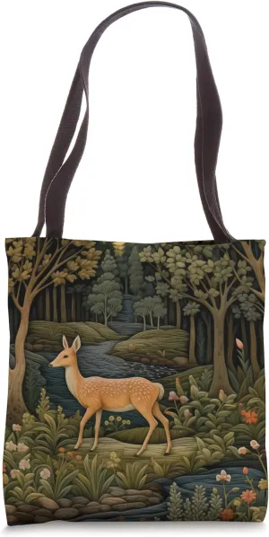 Embroidery Deer Nouveau Art Inspired Forest Deer In Flowers Tote Bag