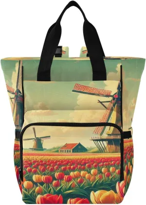 Emelivor Windmill Flowers Field Diaper Bag Backpack Large Capacity Travel Baby Bags Backpack Diaper Bags for Boy Girl Travel Mom Women Men