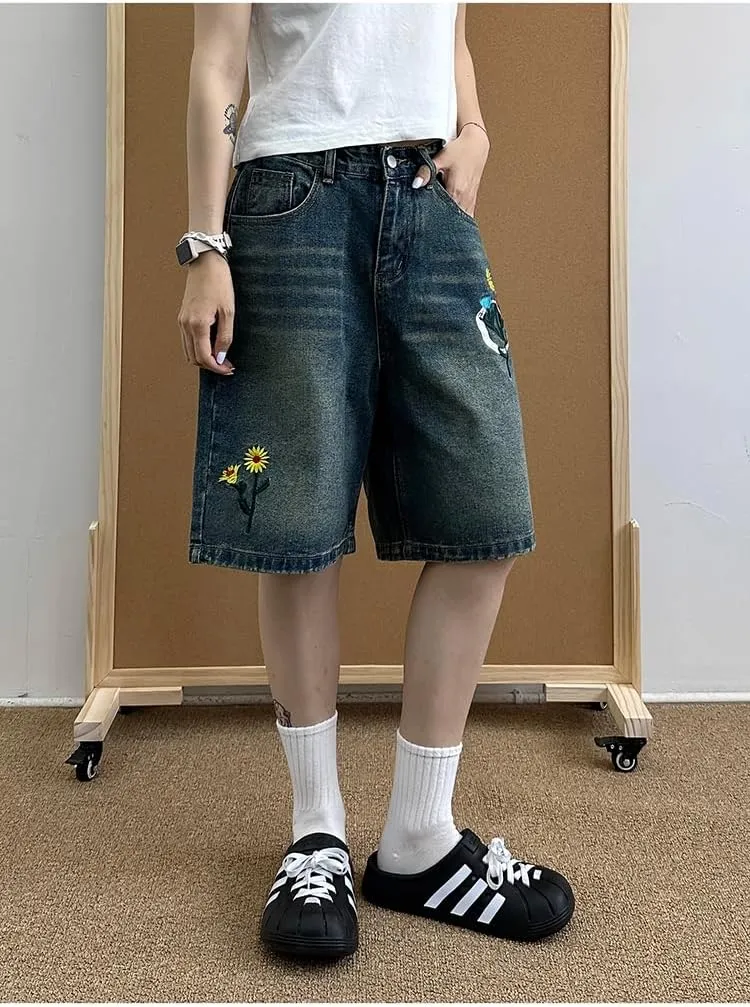 EMMIOL Denim Shorts Embroidered Jorts Baggy Wide Leg Summer Casual Jean Shorts Y2K Hip-Hop 2025 Fashion Streetwear
