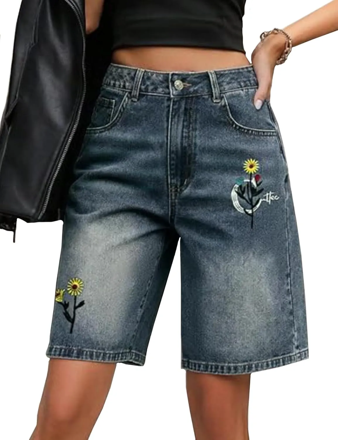 EMMIOL Denim Shorts Embroidered Jorts Baggy Wide Leg Summer Casual Jean Shorts Y2K Hip-Hop 2025 Fashion Streetwear