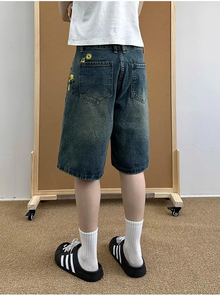 EMMIOL Denim Shorts Embroidered Jorts Baggy Wide Leg Summer Casual Jean Shorts Y2K Hip-Hop 2025 Fashion Streetwear
