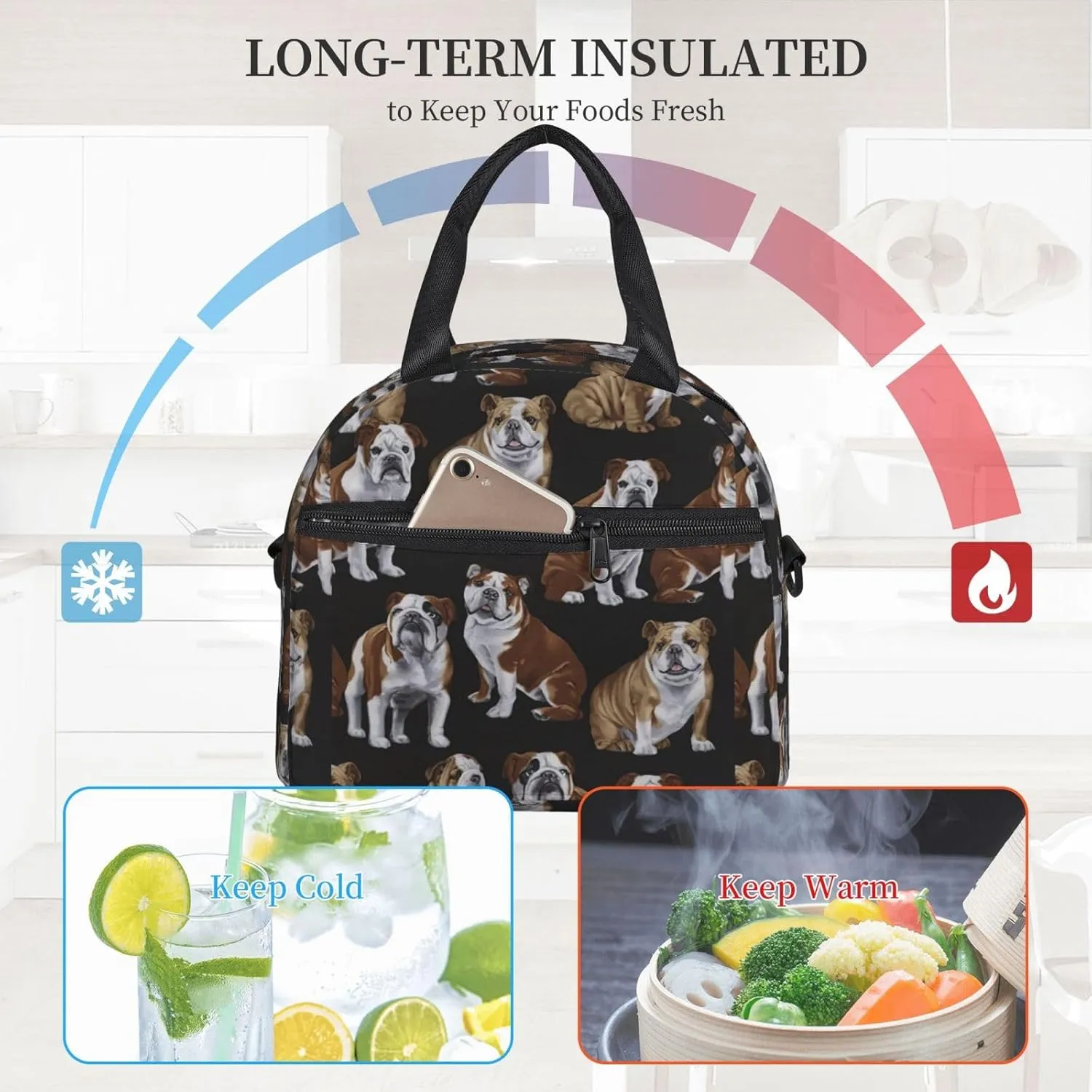 English Bulldogs Print Crossbody Insulated Lunch Bags For Women Men Cooler Bag Lightweight Waterproof Lunch Box