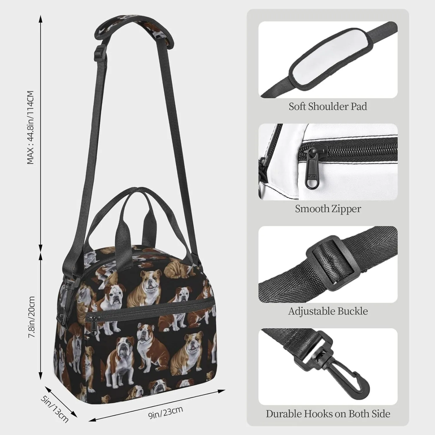 English Bulldogs Print Crossbody Insulated Lunch Bags For Women Men Cooler Bag Lightweight Waterproof Lunch Box